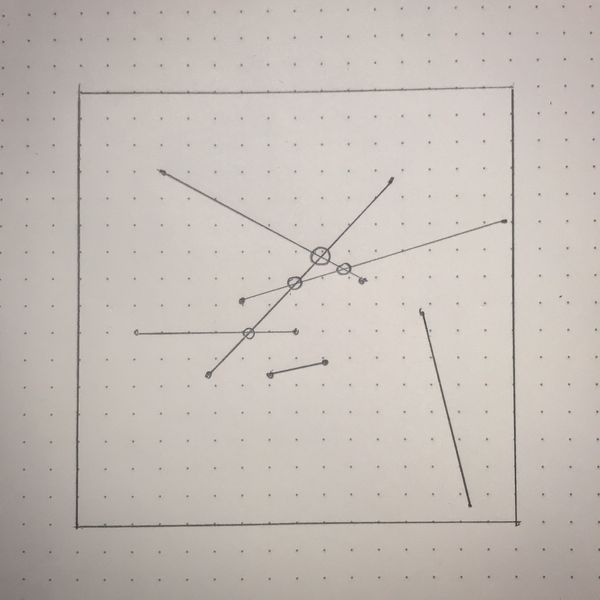 6 random line segments in a square outline. Where the lines intersect small circle are drawn.
